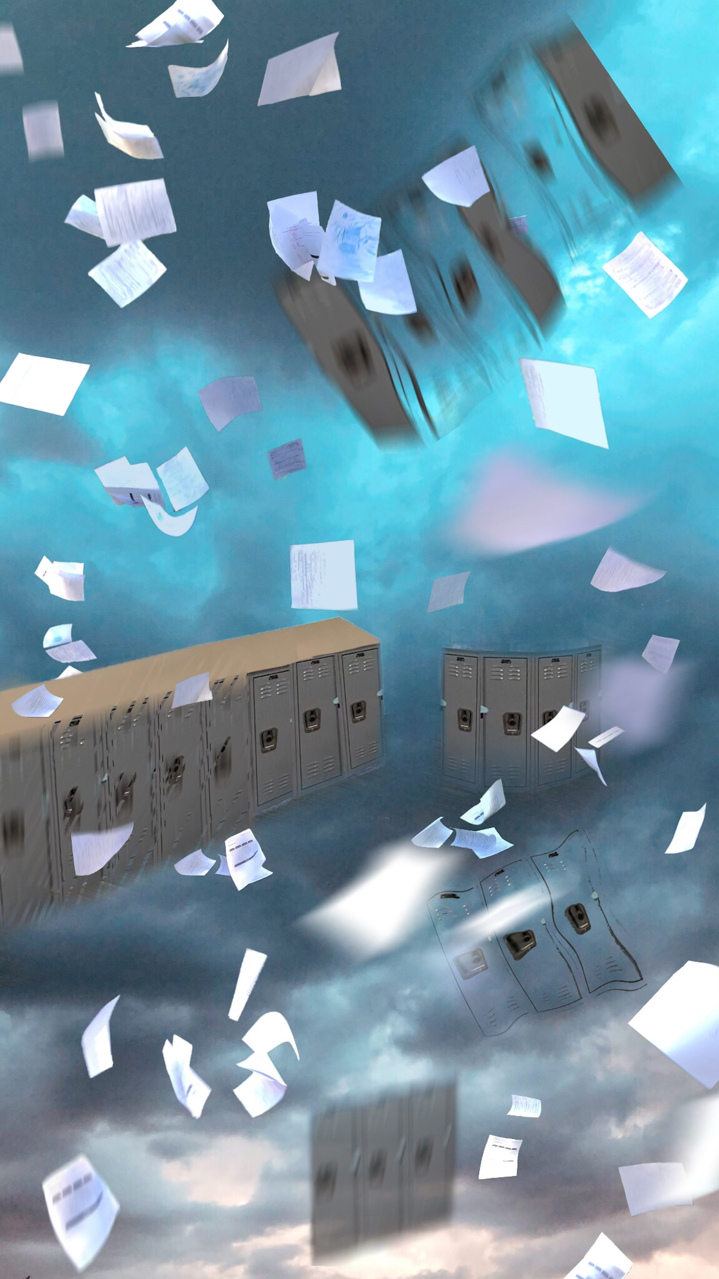 A blue-toned artwork of lockers and paper flying and crashing through a stormy sky.